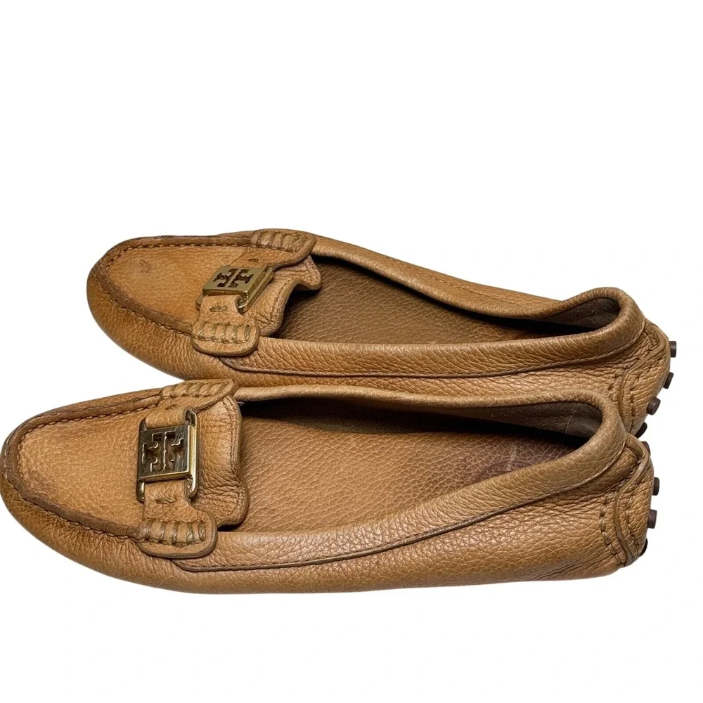 Tory Burch Driving Loafers Women 6.5 Tan Pebbled Leather Designer Old Money Prep